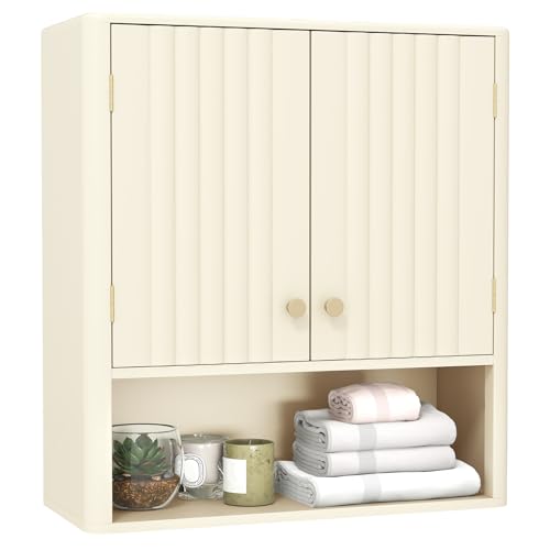 RELAX4LIFE Wall Mounted Bathroom Cabinet, Over The Toilet Storage with 2 Fluted Doors and Adjustable Shelves, Wooden Cupboard and Bathroom Organizer Unit for Living Room Kitchen Laundry (Beige)