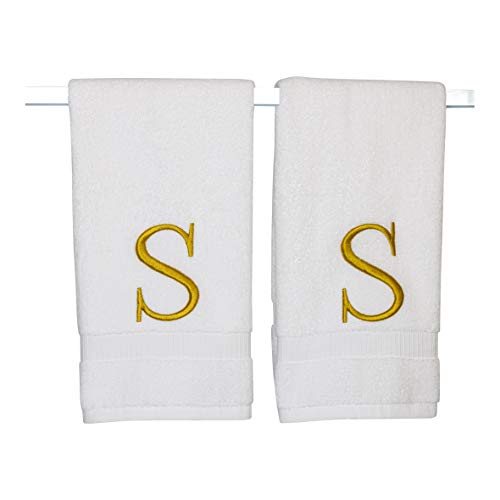 White with Gold Monogrammed Hand Towels for Bathroom - Set of 2 Letter S - Luxury Hotel Quality Initial Towels For Powder Room, Spa, GOTS Organic Certified