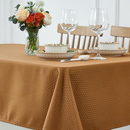 maxmill Harvest Square Tablecloth Stain Resistant Waterproof Wrinkle Resistant Weaved Pattern Soft Table Cloth for Fall Harvest Thanksgiving Decorative Fabric Table Cover, 52 x 52 Inch, Amber
