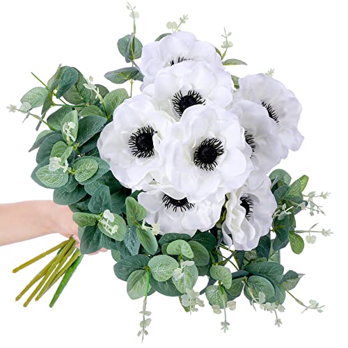 Giegxin 10 Pcs Artificial Anemone Poppy White Flowers & Green Eucalyptus Stems Decor, Faux Flowers, Floral Arrangements for Wedding Bouquet, Garland, Vase, Centerpiece