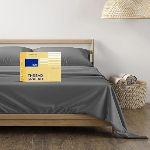 "THREAD SPREAD 100% Egyptian Cotton Sheets Set California King Size - 600 Series Bliss Collection Luxury Sheet Cal King Size (4 PC, Dark Grey), Soft, Hotel Bed Sheets, Fits Mattress Upto 18"""