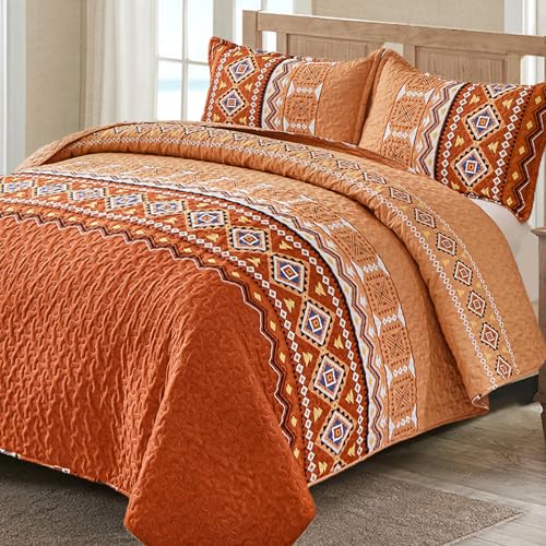 "Boho Quilt Set Queen Size 3 PCS Burnt Orange Quilt Bedspread,Lightweight Geometry Printed Coverlet Set with 2 Pillowcase,Soft Bohemian Bedding Set Queen 90""×96"""