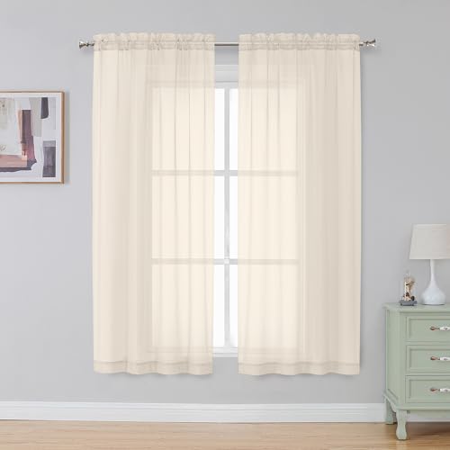 "Simplebrand Cream Sheer Curtains 63 Inch Length 2 Panels, Rod Pocket Solid Color Window Sheer Curtain Panels, Elegant Curtains & Drapes for Living Room, Bedroom 2 Panels (Cream, 42"" W x 63"" L)"