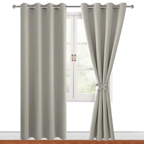 Hiasan Blackout Curtains for Bedroom, 52 x 96 Inches Long - Thermal Insulated & Light Blocking Window Curtains for Living Room/Kids Room, 2 Drape Panels Sewn with Tiebacks, Taupe