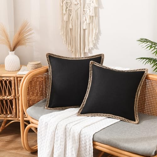 Set of 2 Farmhouse Throw Pillow Covers - Burlap Linen Trimmed Tailored Edges Decorative Cushion Covers for Bed Home Outdoor Decoration