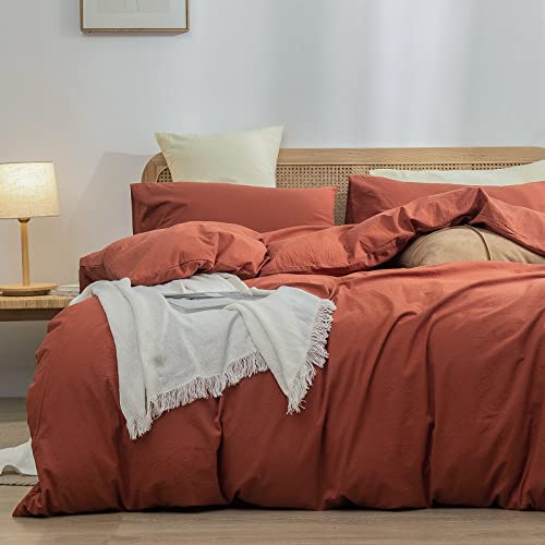 BESTOUCH Cotton Solid Duvet Cover Set Linen Feel Crimson Red Queen - Washed Cotton, Linen Feel, Soft Wrinkle Texture, Hidden Zipper, 8 Ties, Breathable Lightweight Durable Comfy, 3Pcs No Insert