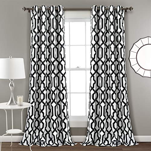 Lush Decor Edward Trellis Curtains Room Darkening White & Black Window Panel Set for Living, Dining, Bedroom (Pair), 84” x 52”, Polyester