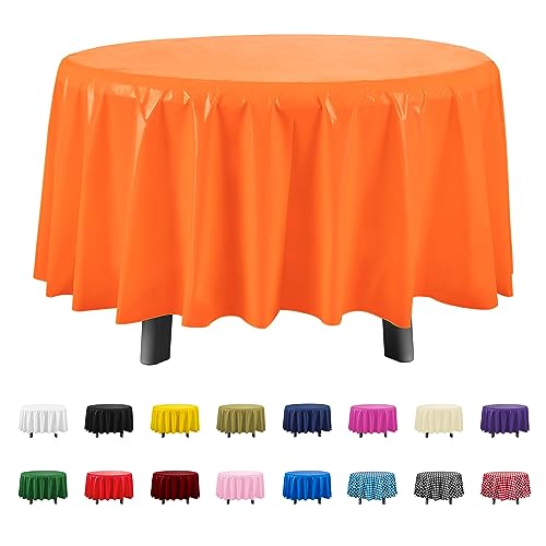 Eleclassi Orange 12 Pack Premium Round Disposable Tablecloth - 84 Inch Round Plastic Table Cloths for Parties