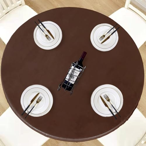 "LUSHVIDA Round Waterproof Table Cover Elastic Vinyl Fitted Tablecloth Elastic Edged Plastic Table Cloth (Deep Coffee, Best for Up to 45""-56"" Round)"