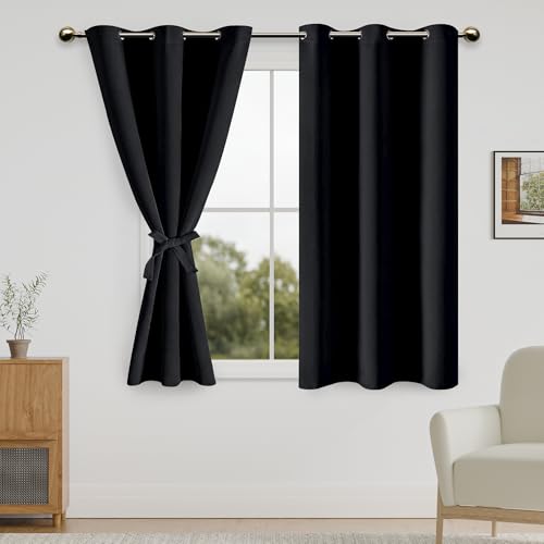 DWCN Black Short Blackout Curtains ??? Thermal Insulated Light Blocking Grommet Drapes with Tiebacks, Blackout Curtains for Bedroom Living Room, 42x54 Inch 2 Panels Window Treatments