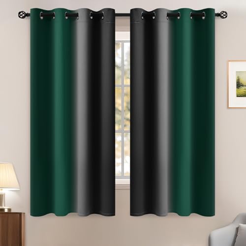 Yakamok Blackout Ombre Dark Green and Black Curtains-Gradient Room Darkening Curtain, Grommet Thermal Insulated Light Blocking Window Drapes Curtain for Living Room Bedroom,52 x 63 Inch,2 Panels