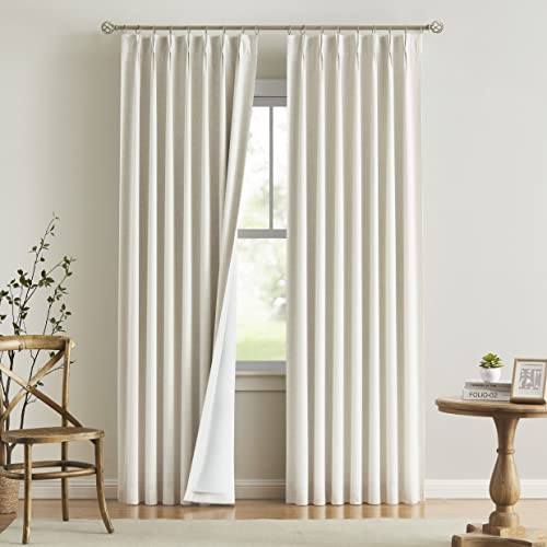 "Vision Home Natural Pinch Pleated Full Blackout Curtains Linen Blended Room Darkening Window Curtains 95 inch for Living Room Bedroom Thermal Insulated Pinch Pleat Drapes with Hooks 2 Panel 40""Wx95""L"