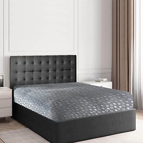 GC GAVENO CAVAILIA Teddy Fleece Star Foil Duvet Set, Super Soft Fluffy Cosy Warm Shiny Bedding & Bedsheet, 2 Piece Easy Care DuvetCover & Deep Elastic Band Bedlinen, Grey, Double Fitted Sheet