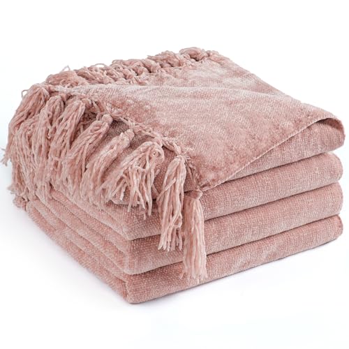 "LONG CREATE Chenille Throw Blanket for Couch 60""X 80"" Twin, Soft Cozy Throw Blanket with Fringe Tassel for Bed Sofa Chair, Lightweight Knitted Decorative Farmhouse Boho Blanket for Gift, Dusty Pink"