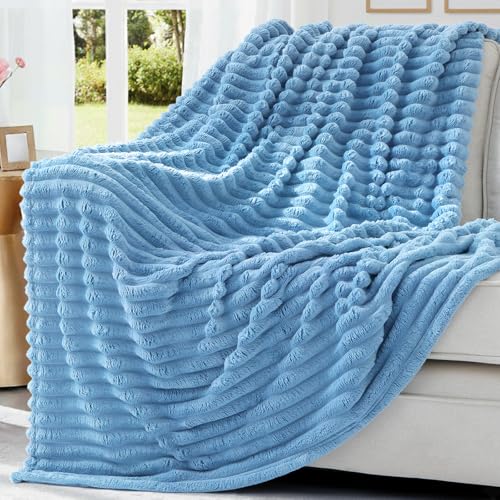 decorUhome Blue Fleece Throw Blanket 50x60 Inches - Soft Couch Cozy Fluffy Plush Flannel Striped Blanket for Sofa Bed, Lightweight Decorative Ribbed Fuzzy Blanket for Woman