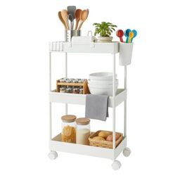 Relaxdays rolling cart, 3 tiers, serving cart, kitchen cart, bathroom & office, mobile shelf, HWD: 62.5x40x22 cm, white