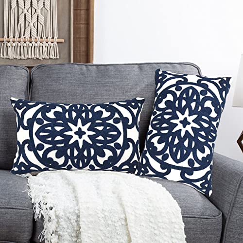 Alysheer Set of 2 Decorative Lumbar Throw Pillow Covers 12x20 Inch Boho Mandala Pattern Cotton Decorative Embroidery Rectangle Cushion Covers Classic Pillowcase for Sofa Couch Living Room Bedroom