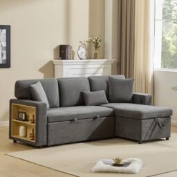 Ball & Cast Corner Sofa Bed, L-Shaped Sleeper Sectional Couch, 3-in-1 Fabric Convertible Pull Out Sofa Bed with Adjustable Backrest, USB and Adjustable Armrest Side Storage for Living Room,Dark Gray