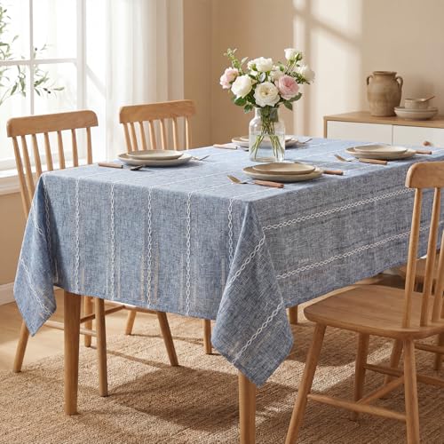 Horaldaily Blue Cotton Linen Tablecloth 60??104 Inch Rectangular, Farmhouse Style, Wrinkle Resistant Washable Table Cloth, Hemstitched Embroidery Table Cover for Home