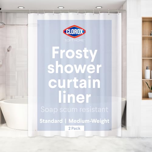 Clorox PEVA Medium Weight Water Resistant Stain Resistant Easy to Clean Shower Curtain Liners, Frosty, 6g, (2-Pack)