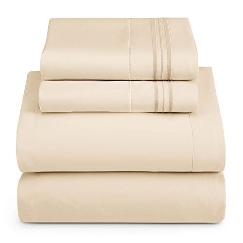 Hearth & Harbor Queen Size Sheets - 4 Piece Bed Sheet Set, Hotel Luxury Double Brushed Bed Sheets - Extra Soft Bedding Sheets & Pillowcases, Queen, Beige