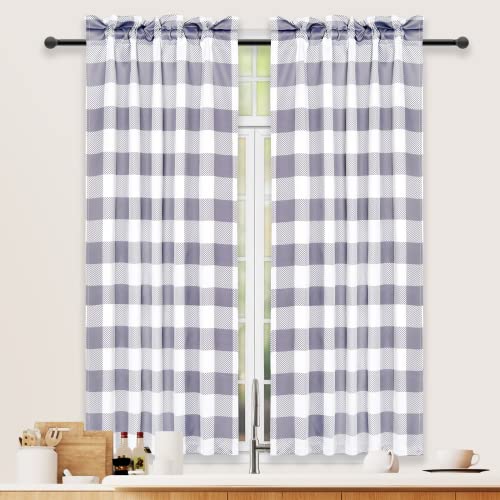 "Simple Deluxe Buffalo Plaid Check Kitchen Tier Curtains, Short Small Window Gingham Curtain for Cafe, Bathroom, Kitchen Rod Pocket Curtains, 26"" W x 45"" L, White and Gray"