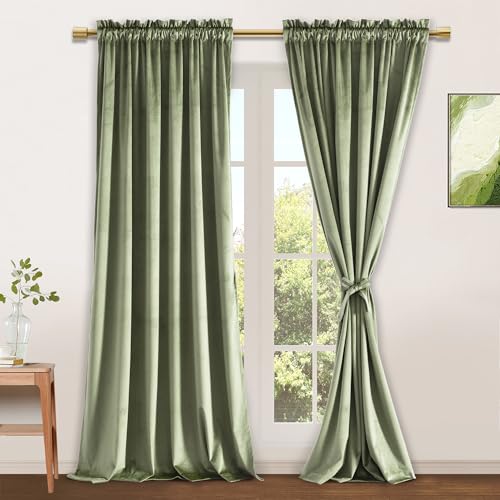 JIUZHEN Sage Green Velvet Curtains for Living Room - Room Darkening & Noise Reducing Window Drapes for Bedroom, Rod Pocket Curtains, Set of 2 Panels, 52 x 96 inches, Sage Green