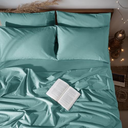 "LBRO2M 100% French Organic Linen Sheet Set 6Pcs, 16"" Deep Pocket Queen Size - Pure Linen Bed Sheet, Natural Flax, Soft Breathable Sheets for Hot Sleepers, Durable, and Cozy for All Seasons, Aqua"