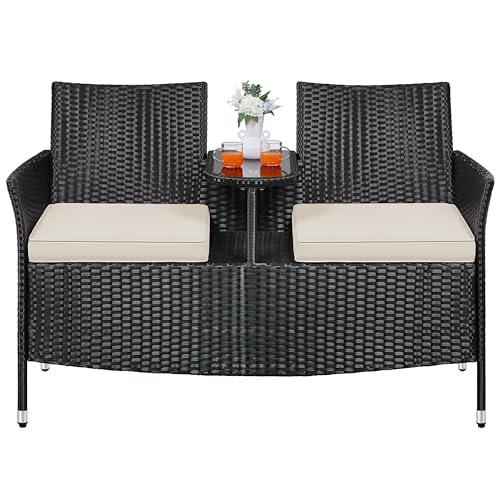 Yaheetech Garden Rattan 2 Seater Companion Seat, Wicker Weave Partner Loveseat Bench with Cushions, Patio Outdoor Furniture Set for Balcony, Lawn, Backyard, Black/Beige