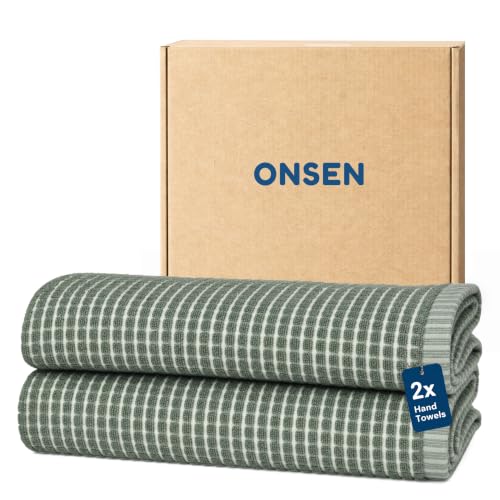 Onsen Spruce Checkered 2-Pack Hand Towel Set for Bathroom - Quick-Dry Terry Cotton - Lightweight and Space-Saving