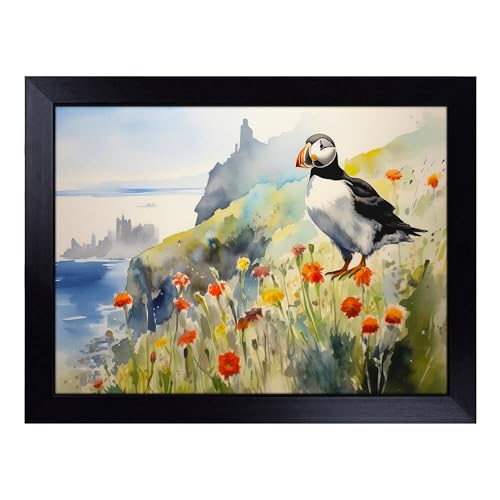Lap Tray with Bean Bag Cushion, Puffin Watercolour - Handmade in the UK, Raised Wooden Edge, Padded Cushion, Heat-Resistant Wipe-Clean Surface, for Meals, Laptops and Crafts