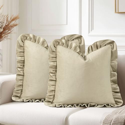 JIUZHEN Beige Velvet Throw Pillow Covers 18x18 for Couch Sofa Livingroom Bed???Decorative Square Throw Pillow Covers with Ruffles, Set of 2