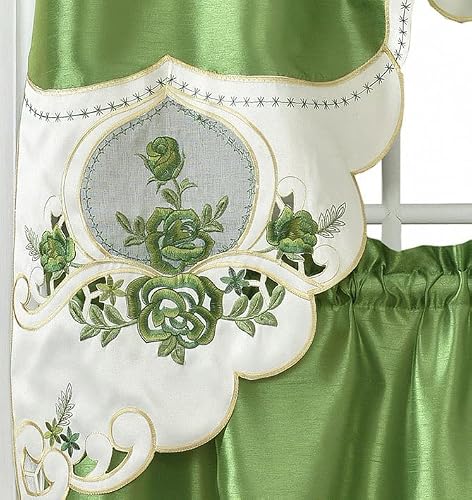 "GOHD Rose Melody 3pcs Kitchen Cafe Curtain Set.Swag and 24"" Tiers,Green"