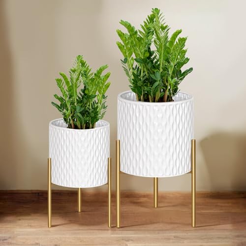 ARNIS Plants Pots with Stand, Set of 2 Planters, Unique Mid Century Decorative Metal Flower Pots with Drainage, 10.5 & 12.25 Inch, White and Gold