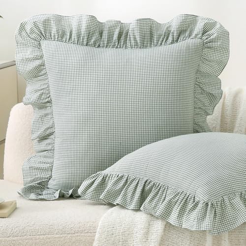 Aryeleay 2 Pack Pile Green White Plaid Gingham Ruffle Pillow Shams, 100% Washed Cotton Checkered Farmhouse Pillow Covers for Bed/Sofa-18 x18