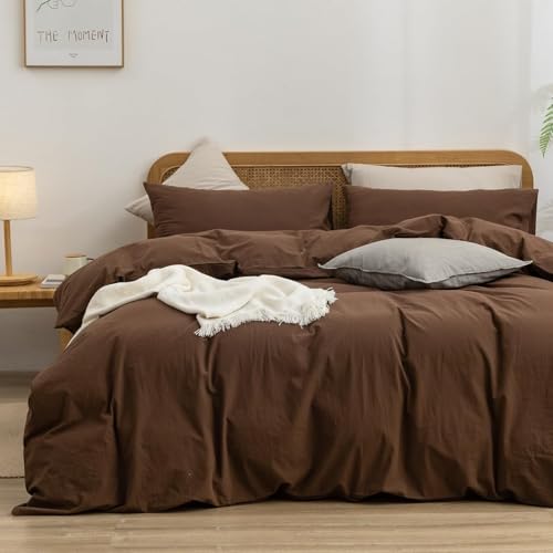 BESTOUCH Cotton Solid Duvet Cover Set Linen Feel Cocoa Brown Oversized Full - Washed Cotton, Linen Feel, Soft Wrinkle Texture, Hidden Zipper, 8 Ties, Breathable Lightweight Durable Comfy, 3Pcs No Insert