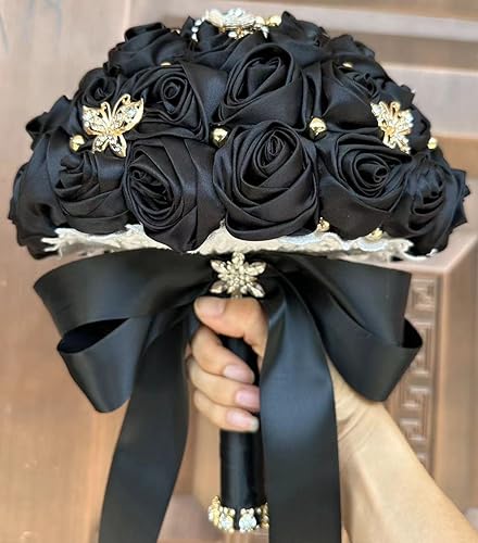 "Sharebeauty 8.3"" Handmade Satin Rose Bridal Bouquet Toss Round Wedding Bouquet Throw Toss Artificial Flower Bunch Black"