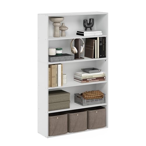 Furinno PASIR Book Shelf, 5-Tier Bookshelf, Bookcase with Open Shelf, 9.4 x 31.5 x 52.7, for Living Room, Bedroom, Home Office, White