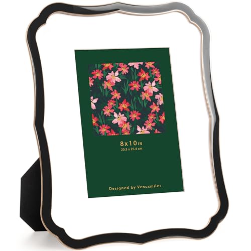 Venusmiles 8x10 Enamel Picture Frame with Mat to 5x7, Wavy Cloud Border, Gold Metal Edge Easel, Real Glass Photo Frame for Wall and Tabletop Display Family Office Photo Gallery, Black Enamel/1pc