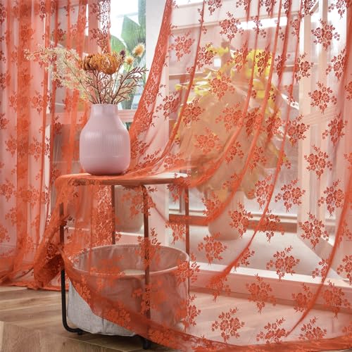 Kotile Orange Sheer Curtains 96 inches Long, Rustic Floral Lace Window Curtains for Living Room, Rod Pocket Sheer Window Curtains, 2 Panels, 52 x 97