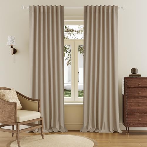 "DUALIFE Taupe Blackout Curtains 102 Inch Length 2 Panels Set for Living Room Bedroom Rod&Back Tab Thermal Insulated 100% Black Out Linen Drapes Room Darkening Window Curtains 72"" x 102"""