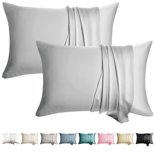WLOSJ 100% Silk Pillowcase for Hair and Skin Toddler Size 2 Pack Mulberry Silk Pillow Case 13 x 18 Inches Highest 6A Silk Kids/Travel Pillow Cover Soft Breathable Cooling Hidden Zipper, Light Grey