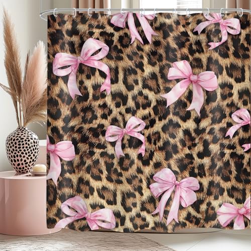 Cheetah Print Shower Curtain Set 60x72 Bathroom Decor Pink Bow Black - Girly Preppy Modern Coquette Cute Girl Lovely Groovy Stylish Bathroom Curtain Set Waterproof Polyester Fabric with Hooks