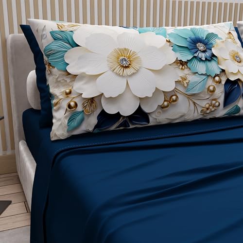 PETTI Artigiani Italiani - Cotton Sheets with Pillowcases in Digital Print, Double Bed Sheet, Full Bed Set, Floral 19 cm Midnight Blue, 100% Made in Italy
