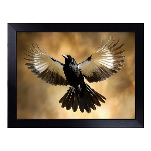 Lap Tray with Bean Bag Cushion, Magpie Digital Bird - Handmade in the UK, Raised Wooden Edge, Padded Cushion, Heat-Resistant Wipe-Clean Surface, for Meals, Laptops and Crafts