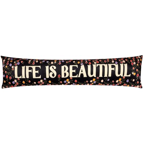 furn. La Vida Draught Excluder (Multicolour - 92x20cm) - Life Is Beautiful Slogan Ditsy Florals Plain Velvet Reverse Statement D??cor