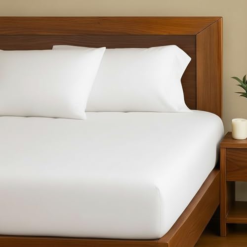 100% Pure Cotton, 300 TC Single Fitted Sheet - Hotel Quality Crisp Percale Sheets, Skin Friendly & Breathable - Snug Fit Technology 4 Corner Straps for Zero Bunching - White