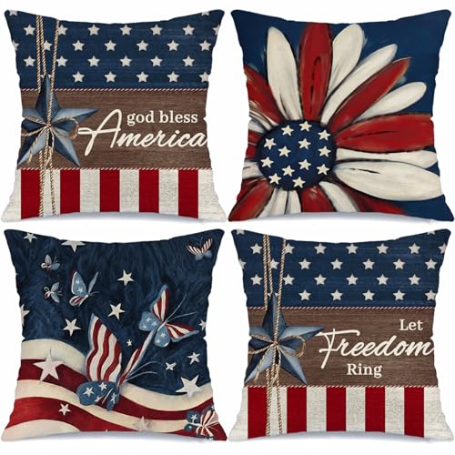 MODOVOS 4th of July God Bless America Stars Flower Throw Pillow Covers 16x16 Set of 4 Let Freedom Ring USA Flag Patriotic Independence Memorial Day Cushion Case Decoration for Sofa Couch