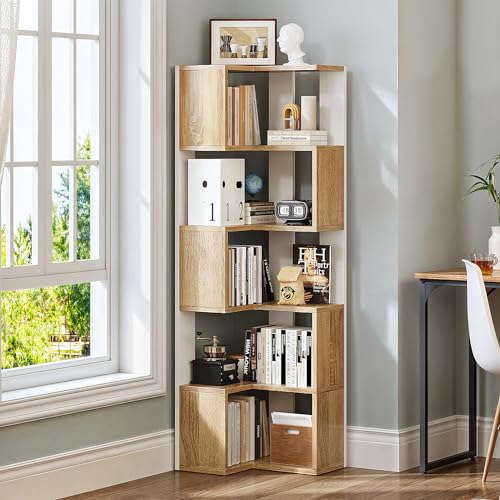 "YITAHOME bookshelf, 6 Tier corner shelf, L-Shaped shelving unit, Floor Standing Bookcase, Display Storage Rack Shelving Unit Living Room Bedroom Home Office Study Room, 23.3""L x 15.2""W x 62.8"" H, oak"