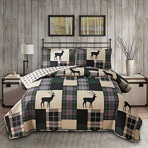 Ycosy 3pcs Breathable Lightweight Christmas Plaid Lodge Quilt Set Full/Queen Size Including Quilt, 2 Pillow Shams, Green, Polyester, Bedspread Set or Bedding Set
